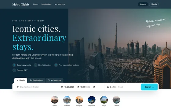 Metropolis hotel booking website theme